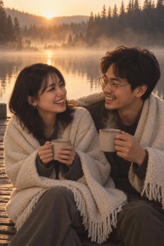 A couple by a misty lake surrounded by pines