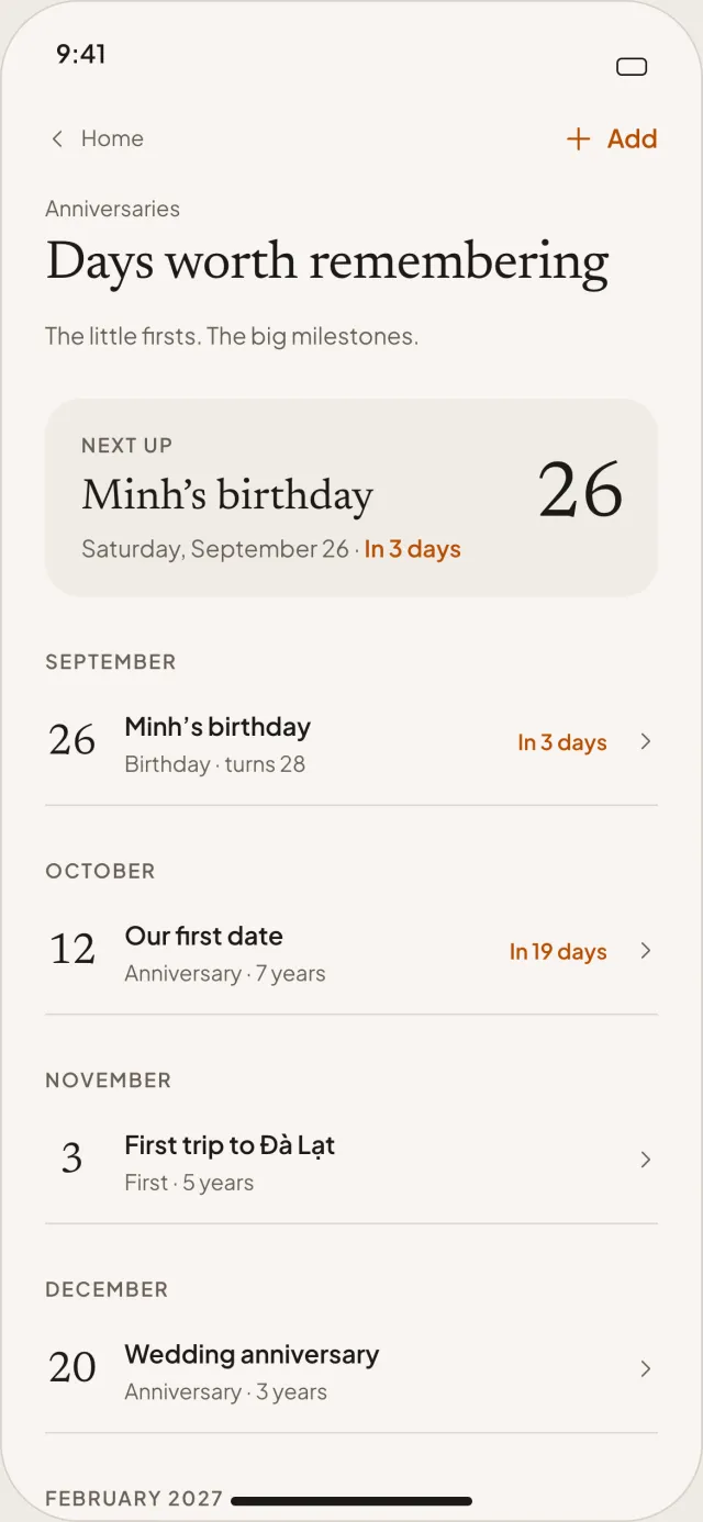 The Anniversaries screen, titled Days worth remembering, with Minh's birthday in 3 days and dates through the year
