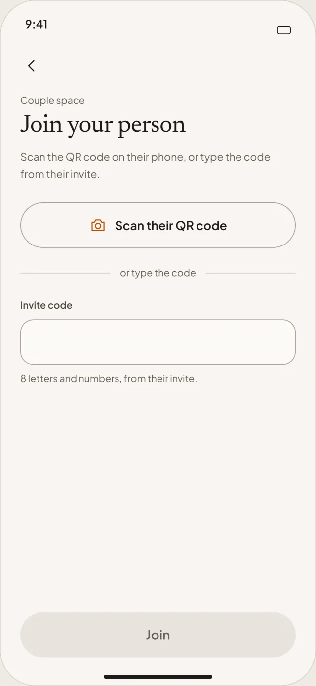 The Join your person screen, with a button to scan their QR code or a field to type the invite code