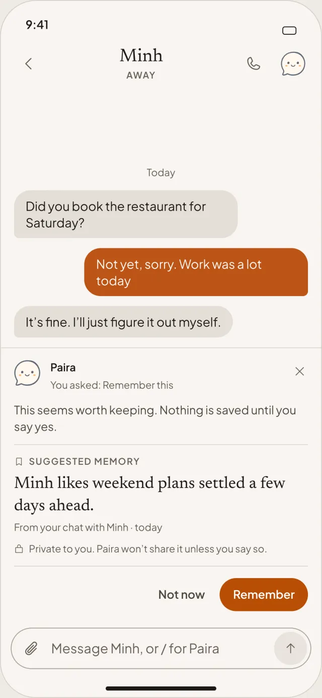A suggested memory, Minh likes weekend plans settled a few days ahead, with Not now and Remember buttons