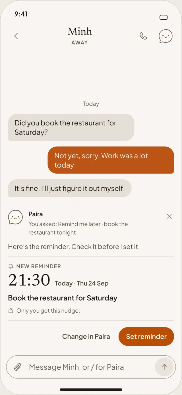 A new reminder from Paira for 21:30 tonight, Book the restaurant for Saturday, with a Set reminder button