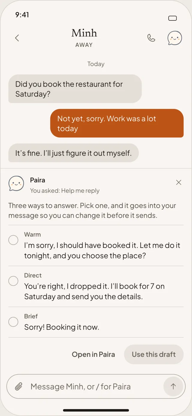 Three reply drafts from Paira, labelled Warm, Direct and Brief, with a button to use the chosen draft