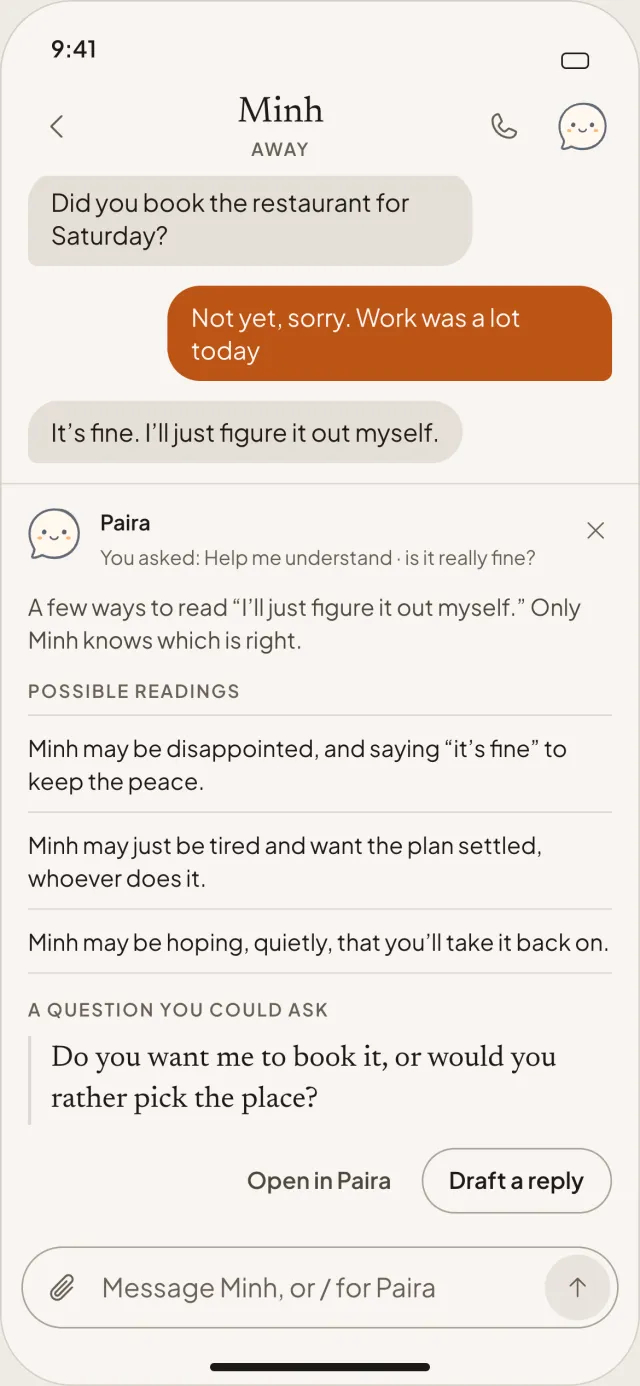 Paira's panel in the chat, only visible to you, offering three possible readings of Minh's message and a question you could ask